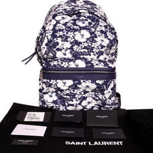 NEW $1150 SAINT LAURENT Blue TROPICAL HIBISCUS FLORAL Canvas CITY BACKPACK Bag - Picture 1 of 18