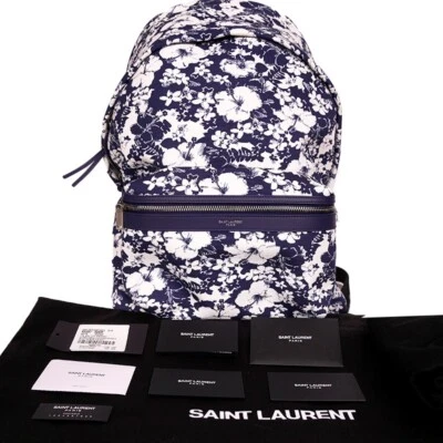 NUEVO $1150 SAINT LAURENT Azul HIBISCO TROPICAL FLORAL Lona MOCHILA CIUDAD Bolso Foto 1 de 4