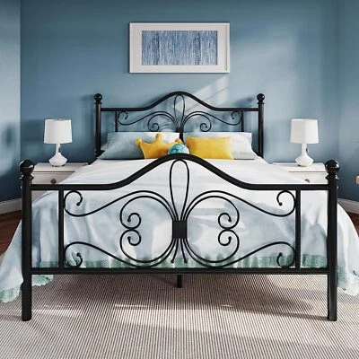 Metal Bed Frame with Butterfly Pattern Design Headboard & Footboard,Black - Image 1 of 4