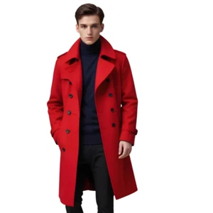 Men's Trench Coat Red Wool Winter Long Coat Slim fit Warm Double Breasted Coat - Picture 1 of 6