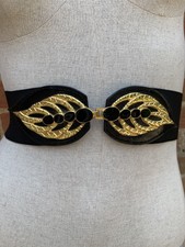 Vintage 90s Black Elastic Waist Cinch Belt 26" to 28" Black Gold Leaf Buckle