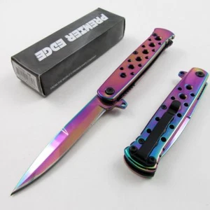 COLTELLO TASCABILE PIEGHEVOLE SPRING ASSIST arcobaleno stiletto pugnale lama tattico EDC - Foto 1 di 11