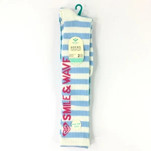 2 PK Roxy Girls Knee Socks Blue-White-Teal Smile & Wave Sizes 6-8 or 9-11 NEW - Picture 1 of 5