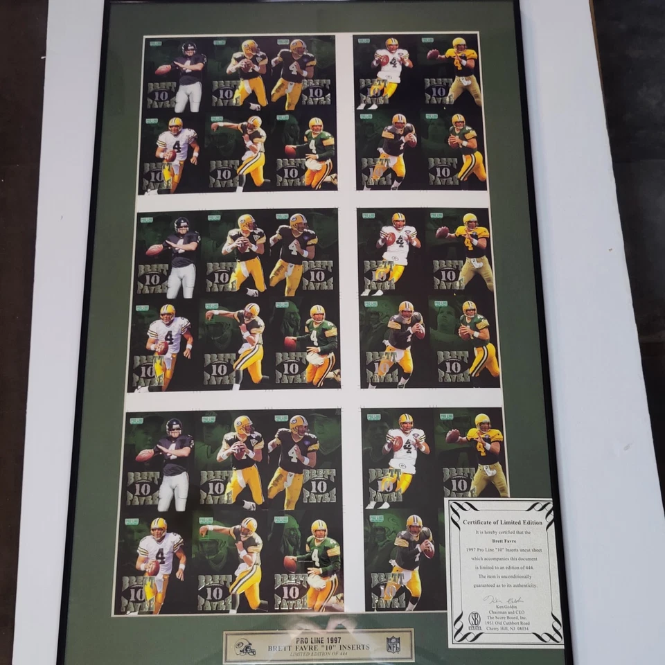 1997 Pro Line Brett Favre 10 Inserts Framed Uncut Sheet Limited Edition To 444  - Image 1 of 1