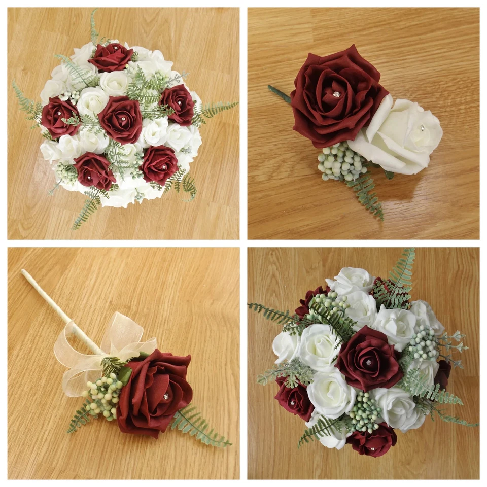 Искусственные свадебные цветы бордовая роза и папоротник - Изображение 1 из 1