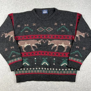 VINTAGE Woolrich Wool Sweater Nordic Fair Isle Reindeer Knit Pullover Large Mens - Picture 1 of 6