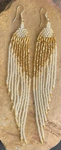 Gold and Cream Seed Bead Beaded Earrings Boho Fringe Dangle Tassel Extra Long - Picture 1 of 5