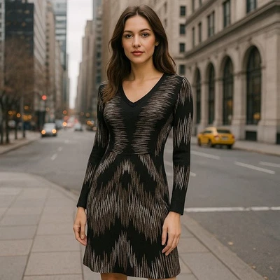 Carmen Marc Valvo Women's XS Knit Dress Black Beige Illusion Print Bodycon - Image 1 of 4