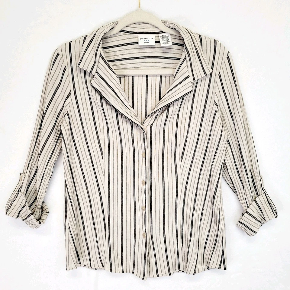 Covington 女式纽扣衬衫 Petite M 象牙色黑色条纹职业时尚 — 第 1/4 张图片