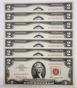 7 - 1963 $2 Dollar Bills Red Seal Crisp Sequential Consecutive Serial Numbers - Picture 1 of 5