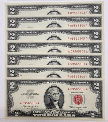 7 - 1963 $2 Dollar Bills Red Seal Crisp Sequential Consecutive Serial Numbers - Image 1 of 4