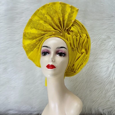 African Gele Fabric Turban Headtie Made Head Wear Hat Aso-Oke Auto Gele Beaded - Image 1 of 4