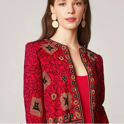 Adrianna Papell 1994 Silk Beaded Jacket Red Black Gold Evening Formal VTG Sz S - Image 1 of 4
