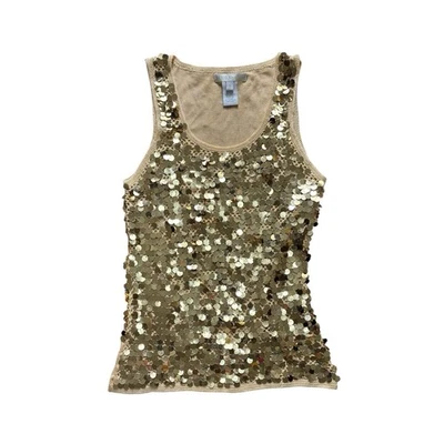 Camiseta sin mangas tejida vintage con discos de lentejuelas doradas Y2K S Foto 1 de 4