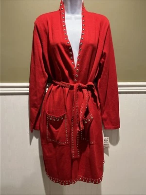 INC Mujer’s Básico Color Rojo Real Corbata Abrigo Abierto Largo Cardigan Tachonado M Nuevo con Etiquetas Foto 1 de 4