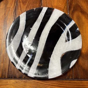 Vtg St. Luke Handcrafted Glass Black White Stripe Zebra Plate mcm 9” OTZ - Picture 1 of 7