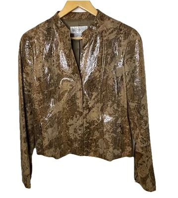 De Colección Worth Cuero Marrón Caramelo, Patrón de Piel de Serpiente, Chaqueta Forrada Cuello en V Talla 10 Foto 1 de 4