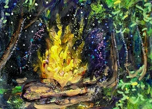 ORIGINAL ACEO Painting CAMPFIRE Night Fire TREES Woods Bonfire Camping ATC ART - Afbeelding 1 van 1