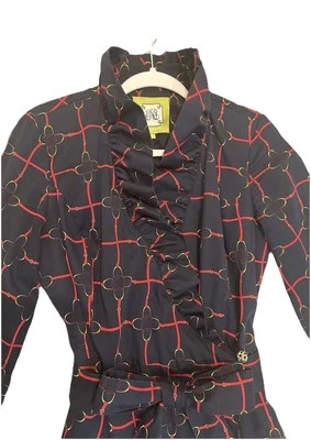 Elizabeth McKay Wrap Dress Sz 6 Horse Stirrups in Navy Ruffle Equestrian Classy - Image 1 of 4