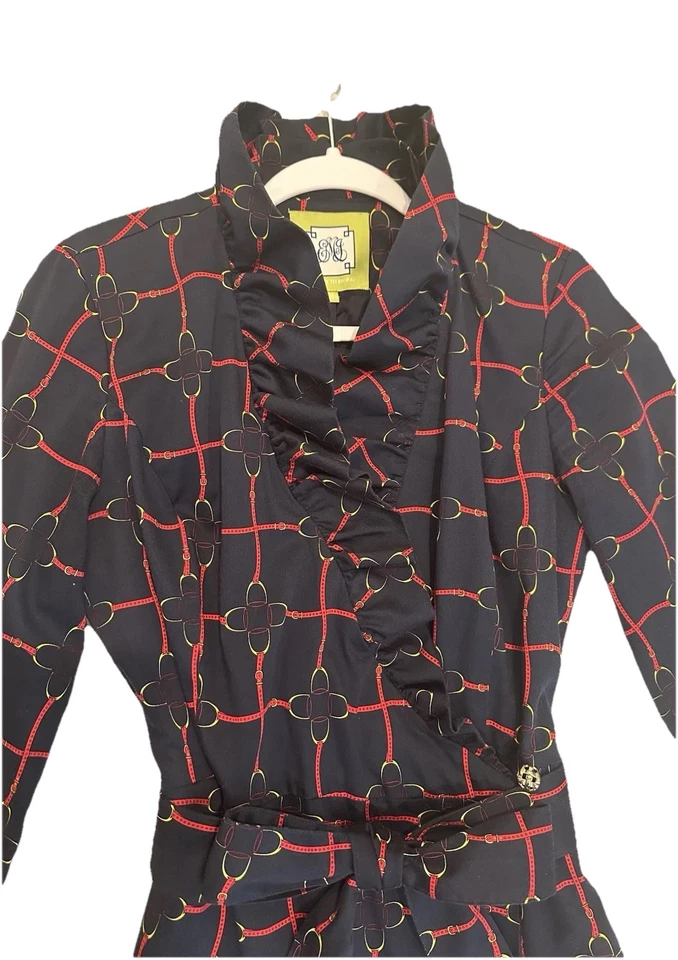 Vestido envolvente Elizabeth McKay talla 6 estribos de caballo en azul marino con volantes ecuestres con clase Foto 1 de 4