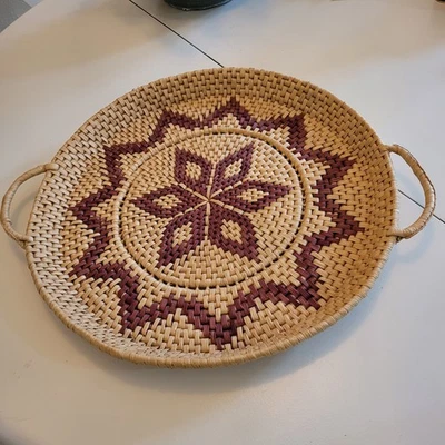 Handwoven Rattan Decorative Basket/Tray W/Handles Starburst Design 16 in Round - Image 1 of 4