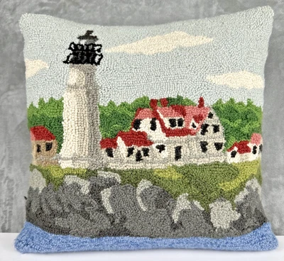 Wool Hooking Lighthouse Pillow with Velvet Backing Cape Cod Maine Coastal Ocean - Image 1 of 4