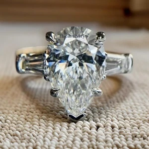 Moissanite Solitaire Engagement Ring Pear Cut 3 CT Solid 14K Yellow Gold For Her - Picture 1 of 9