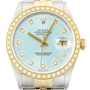 Rolex Mens Datejust 16013 18K Yellow Gold & Steel 2-Tone Ice Blue Diamond Watch - Picture 1 of 7