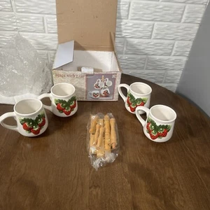 Mug Tree Wooden plus 4 Vintage Strawberries In Relief Coffee Tea Mugs By KMC - Picture 1 of 5