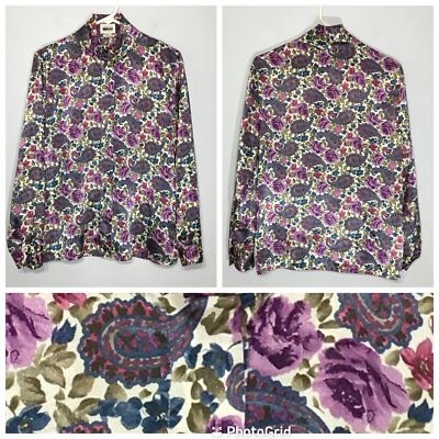 Vintage 80s Purple Paisley Blouse, Business Silky Top, Floral High Neck Blouse - Image 1 of 4