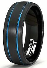 Mens Wedding Band 8mm Black Tungsten Ring Brushed Matte Double Groove Blue