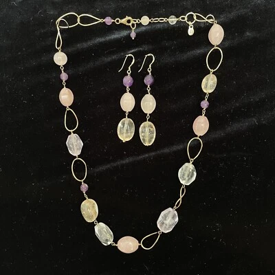 Collar de eslabones ovalados de cuarzo rosa amatista esterlina 925 con pendientes J&T Tailandia Foto 1 de 4