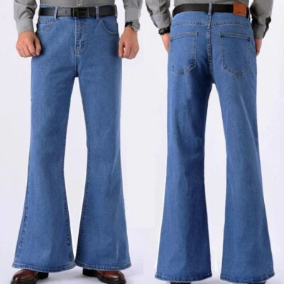 Men Bell Bottom Jeans Flared Denim Pants Retro 60s 70s Trousers Slim Fit Casual - Image 1 of 4