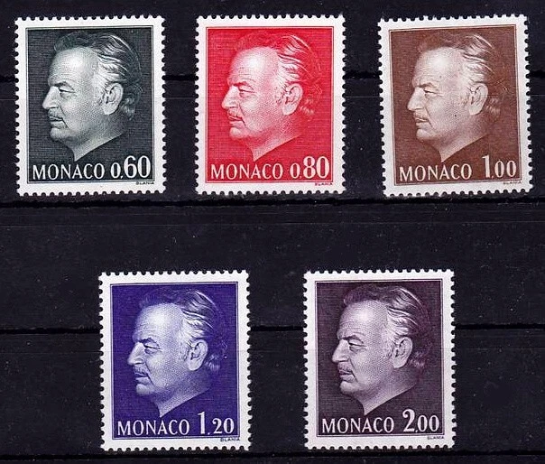 Mónaco 1974 realeza, definitivos del príncipe Rainiero - 5 valores, MNH / UNM Foto 1 de 1