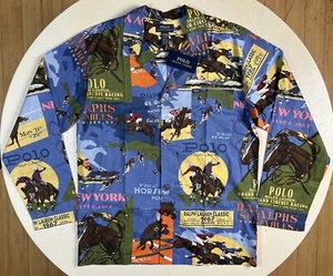 POLO RALPH LAUREN Men MEDIUM Horse Racing All Over Print Sleepwear LS Shirt Blue - Picture 1 of 9