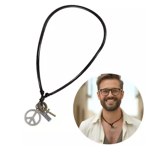 Lederkette Halskette mit Peace Zeichen Kreuz Ringe Friedens Symbol Surfer Style - Bild 1 von 3