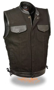 Men's SOA Side Lace Black Denim Vest w/ Leather Trim Zipper/Snap Closure MDM3011 - Picture 1 of 2