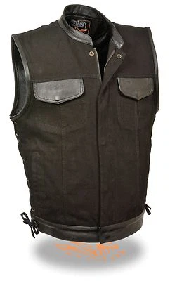 Men's SOA Side Lace Black Denim Vest w/ Leather Trim Zipper/Snap Closure MDM3011 - Image 1 of 2