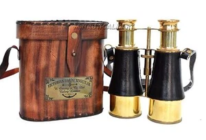 Binoculares marinos victorianos de latón náutico con caja de cuero gratis - Imagen 1 de 2