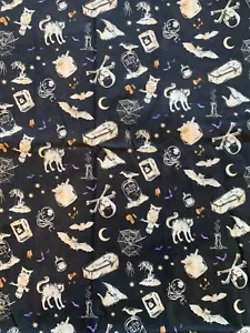 Halloween Fabric Skull Black Cat Bat Coffin Cauldron Owl AKO Haunted Eve 2 yards - Picture 1 of 5
