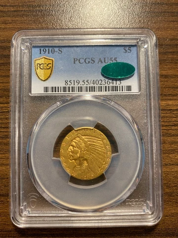 1910-S Indian Head $5 Gold Half Eagle PCGS AU 55 CAC Five Dollar Gold Cover