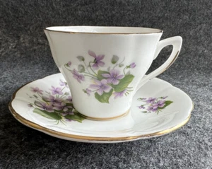 Vintage ROYAL DOVER England Bone China 4 oz. Cup & Saucer Set ~ Violets Gold - Picture 1 of 23