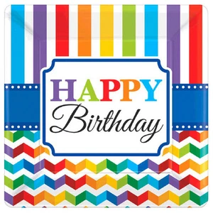 Bright Color Chevrons Square Dessert Plate and Napkin Happy Birthday Party Pack - Picture 1 of 2
