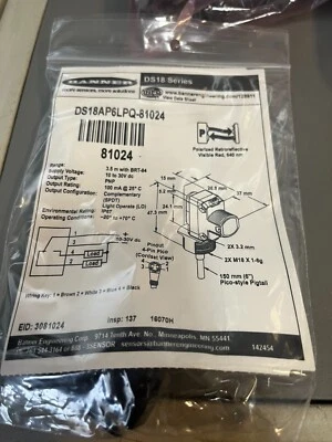 New Banner Engineering DS18AP6LPQ-81024 Sensor DS18 Series - Image 1 of 2