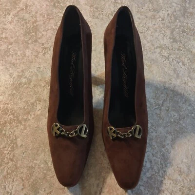 Karl Lagerfeld Tacones Marrón Gamuza Cuero Latón Cadenas Hecho en Francia Talla 7.5 Foto 1 de 4