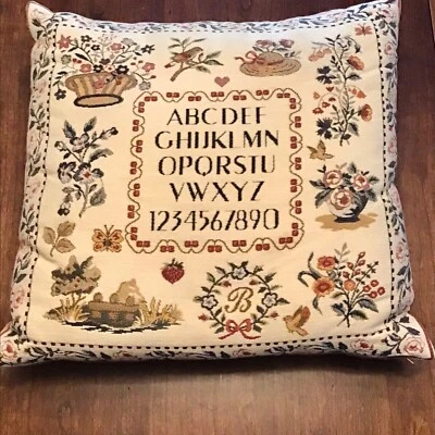 Vintage Tapestry ABCs Throw Pillow Alphabet 123s Floral Sampler Style - Image 1 of 4
