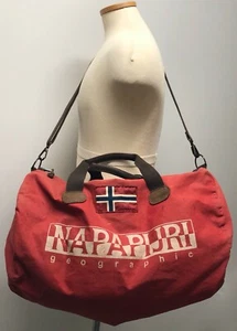 NAPAPIJRI GEOGRAPHIC NORWAY RED CANVAS DUFFLE WEEKEND SEA BAG ZIPPER CLOSE L - Picture 1 of 10