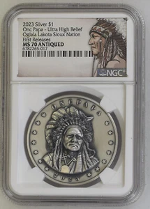 2023 Plata Oncpapa - RELOJ PARA Oglala Lakota Sioux Nat Moneda de $1 OZ NGC MS70 - Imagen 1 de 2