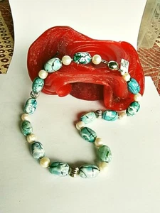 SCHMUCK-STCK KETTE ACHAT türkisfarben 47 CM MAGNETSCHLOSS  Süßwasser Perle - Picture 1 of 2