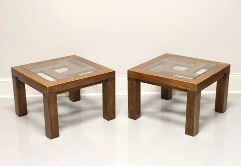 DREXEL HERITAGE Woodbriar Pecan Campaign Style Glass Top Cocktail Tables - Pair Cover
